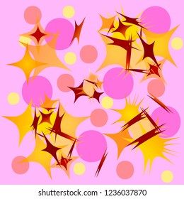 Seamless pattern, abstract shapes of different colors on a pink background. Vector illustration.