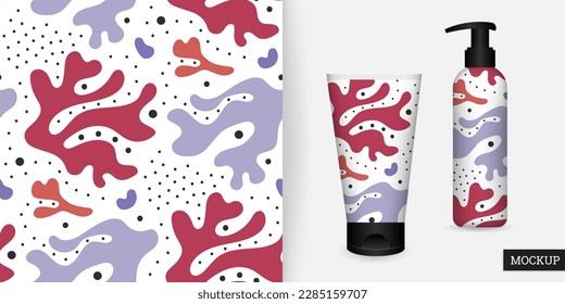 Seamless pattern of abstract shapes, doodle and scribble. Background with spots. Organic repeatable texture. Modern ornament. Vector illustration. Design textile, paper, cloth. Mockup.