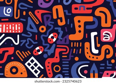 seamless pattern with abstract shapes and dots, in the style of orange and navy, bold patterns and typography, playful doodles, rustic core, abstracted grotesqueries