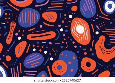 seamless pattern with abstract shapes and dots, in the style of orange and navy, bold patterns and typography, playful doodles, rustic core, abstracted grotesqueries