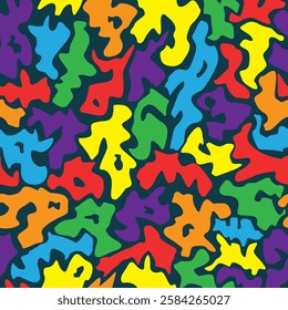 
seamless pattern of abstract shapes.  Each figure has a different color - the colors of the rainbow. feeling of depth and volume. The background is dark, the effect is chaotic and dynamic composition