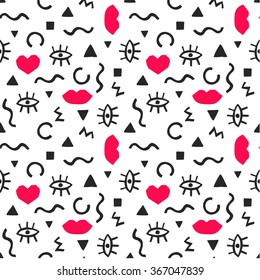 Seamless pattern with abstract shapes with eyes and red lips in retro funny style. Funny abstract pattern for textiles and fabrics, wrapping paper and wallpapers of all kinds. Vector illustration.