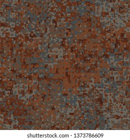 Seamless pattern. Abstract shapes formed from merged large squares plus small squares and rhombuses. Shades of rust. Camouflage. Editable.