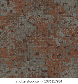 Seamless pattern. Abstract shapes formed from merged large squares plus small squares and rhombuses. Shades of rust. Camouflage. Editable.