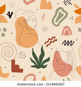 Seamless pattern with abstract shapes. Hand drawn various geometric objects and doodle elements. Vector illustration in trendy boho style.