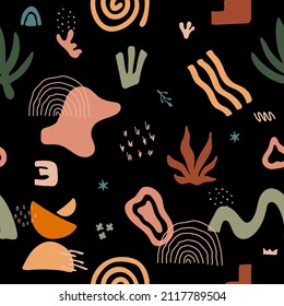 Seamless pattern with abstract shapes. Hand drawn various geometric objects and doodle elements. Vector illustration in trendy boho style.