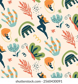 Seamless pattern with abstract shapes, human figures in yoga poses, and organic elements in earthy tones.