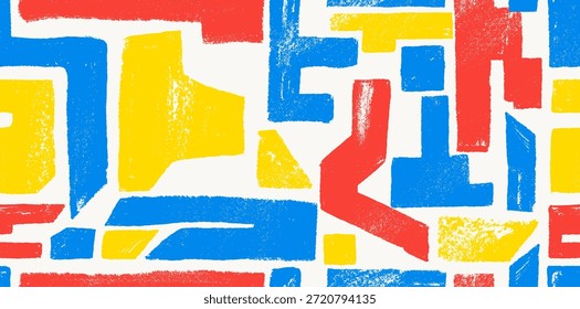 Seamless pattern abstract shapes, icons drawn with crayon. Geometric doodle contemporary figures, various geometric shapes, arch, zigzag and other primitive elements. Retro kid vector geometric shapes