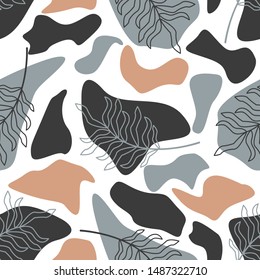 seamless pattern with abstract shapes and leaves on a white background - vector illustration, eps