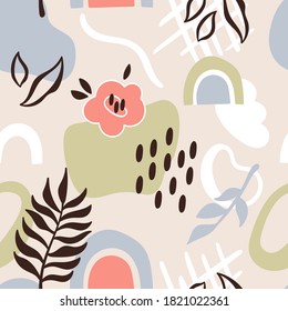 Seamless pattern with abstract shapes and leaves. Childish background for fabric, wrapping paper, textile, wallpaper and apparel. Vector Illustration