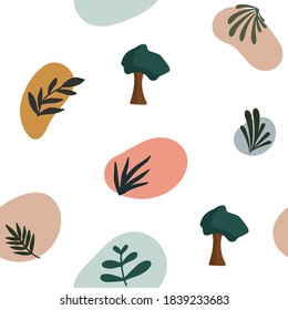 Seamless pattern with abstract shapes and leaves and trees in pastel colors. Nice, delicate drawing. Can be used for printing on clothes, pants, children's clothes, curtains, fabrics, notebooks