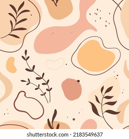 Patrón sin brillo con formas y hojas abstractas. Fondo colorido. Ilustración vectorial dibujada a mano. Textura para impresión, textil, tela, embalaje.