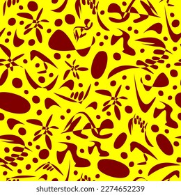 Seamless pattern with abstract shapes of leaves, turtles, feathers and circles. With dark brown color in yellow background.