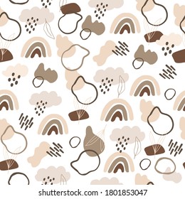 Seamless pattern with abstract shapes, lines, rainbow, rainy cloud. Autumn fall season modern art minimal background. Geometric shapes paper cut mosaic hand drawn flat style. Vector illustration