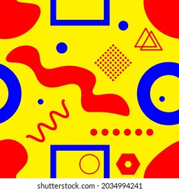 Seamless pattern with abstract shapes in Memphis style. Geometric fashion background. Vector illustration