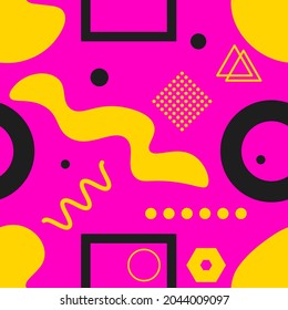 Seamless pattern with abstract shapes in Memphis style. Geometric fashion background. Vector illustration