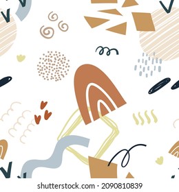 Seamless pattern abstract shapes on white background, flat style. Cute print, fabric, wallpaper. Vector cartoon illustration