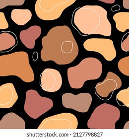 Seamless pattern with abstract shapes on black background. Hand drawn vector illustration. Trendy texture for print, textile, packaging. Boho decor.