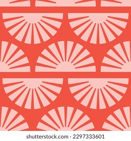Seamless pattern with abstract shapes in orange, pink and red. Colorful vector illustration.
