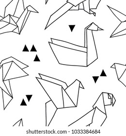 Seamless pattern with abstract shapes and origami birds in outline. Vector background with geometric crane, parrot, swan and triangles. Hand drawn design for paper, textile print, page fill