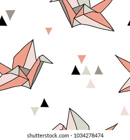 Seamless pattern with abstract shapes and pink origami birds. Vector background with geometric crane and triangles. Hand drawn design for paper, textile print, page fill