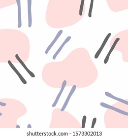 Seamless pattern with abstract shapes and short lines drawn by hand. Simple vector illustration.
