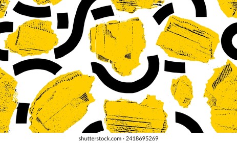Formas abstractas de patrón sin inconvenientes en el estilo de grunge de cartón desgarrado. Cartón amarillo transparente con gruesas líneas negras. Ilustración vectorial con elementos geométricos coloridos. Tintado retro de alta calidad.