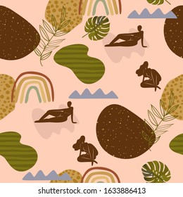 Seamless pattern with abstract shapes, tropical leaf and woman body silhouette. Editable vector illustration.