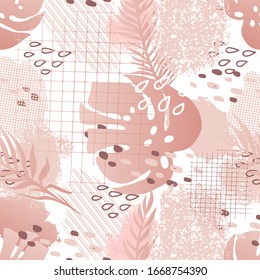Patrón transparente con formas abstractas y hojas tropicales. El estilo memphis en tonos beige y rosa pastel