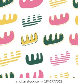 Patrón sin brillo con formas abstractas en amarillo, rosa y verde sobre fondo blanco. Para papel pintado, tela, papel y embalaje. Ilustración vectorial.