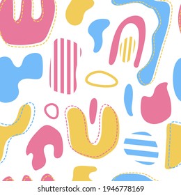 Seamless pattern with abstract shapes in yellow, pink and blue on white background. Contemporary style for wallpaper, fabric and packaging. Vector illustration.