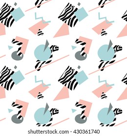 Seamless pattern with abstract shapes and zebra print in nineties style 4