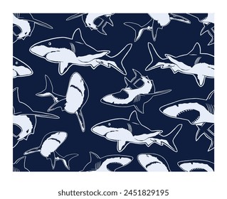 Seamless pattern with abstract shark symbols, design elements. Can be used for invitations, greeting cards, scrapbooking, textile printing, gift wrap, manufacturing