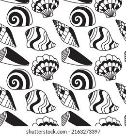Seamless pattern with abstract shells black outline on white.