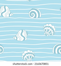 Seamless pattern with abstract shells blue outline on white wavy lines. Marine design