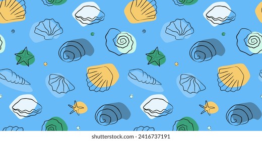 Seamless pattern with abstract shells, starfish. Marine natural artline print. Vector graphics.