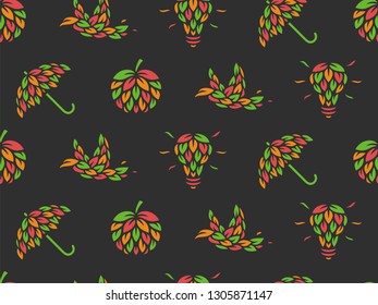 Seamless pattern of abstract signs. Vector illustration consisting of an umbrella, a bird, an apple, and a light bulb.