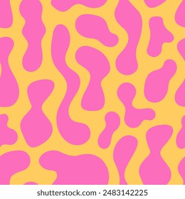 Seamless pattern with abstract silhouette organic shapes. Vector flat background in psychedelic hippie style. Wavy liquid shapes