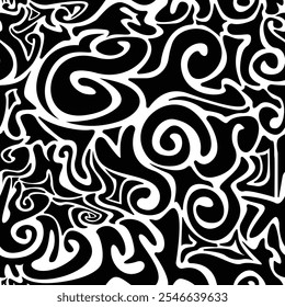 Seamless pattern with abstract silhouette organic black shapes. Flat background minimalist boho style. Wavy liquid distorted shapes vector ilustration