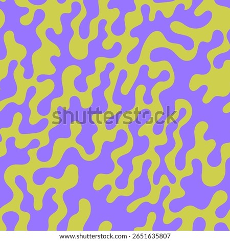 Seamless pattern with abstract silhouette organic shapes. Vector flat background in in retro 1970s style. Wavy liquid distorted shapes