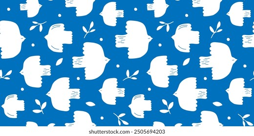 Seamless pattern with abstract silhouettes of birds, pigeons flying in the sky against the background of leaves. Vector graphics.