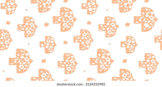 Seamless pattern with abstract silhouettes of birds, decorated with flowers, leaves.  Vector graphics.