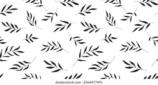 Seamless pattern with abstract silhouettes of branches with leaves. Simple monochrome nature print. Vector graphics.