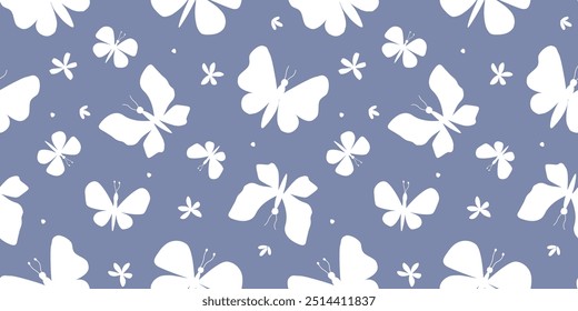 Seamless pattern with abstract silhouettes of butterflies and flowers. Simple summer monochrome print. Vector graphics.