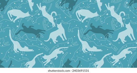 Un patrón impecable con siluetas abstractas de gatos contra el cielo estrellado de la noche. Impresión abstracta de sueño. Gráficos vectoriales.