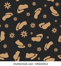 Seamless pattern with abstract silhouettes of cats and flowers. Cute ornament for design of cards, covers, textiles. Black, brown colour. Vector illustration.