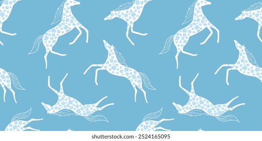 Patrón sin fisuras con siluetas abstractas de caballos y caballos decorados con flores. Gráficos de Vector.