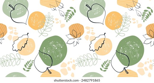 
Seamless pattern with abstract silhouettes of leaves, shapes, spots. Natural print. Vector graphics.