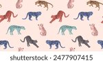 Seamless pattern with abstract silhouettes of leopards, cheetahs. Multi-colored spotted predatory animals. Vector graphics