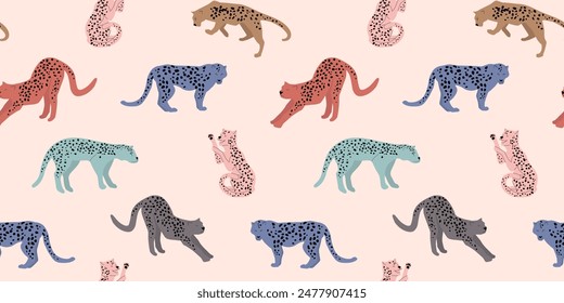 Seamless pattern with abstract silhouettes of leopards, cheetahs. Multi-colored spotted predatory animals. Vector graphics